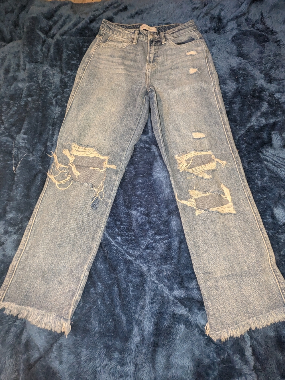 Flying Monkey Distressed Straight-Leg Jeans in Light Blue Wash